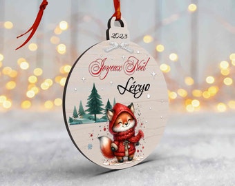 Boule de Noël en Bois Personnalisée avec renard colorée Mon Premier Noël