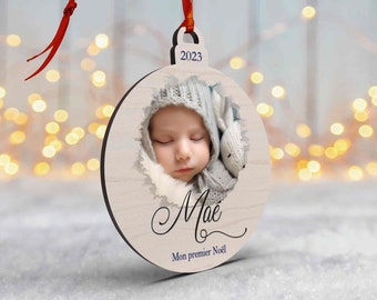 Wooden and colored Christmas ball, personalized photo