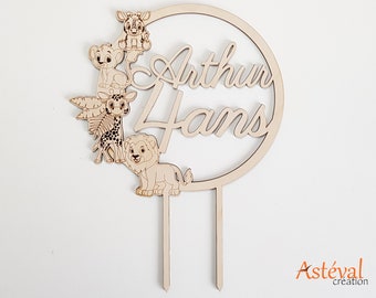 Cake topper personnalisé enfant, lion, girafe, jungle, anniversaire, baptême, vernis norme alimentaire