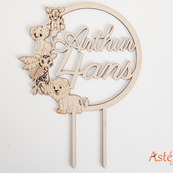 Cake topper personnalisé enfant, lion, girafe, jungle, anniversaire, baptême, vernis norme alimentaire