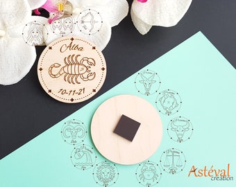 Magnet Signe Astrologique Gravé en Bois, Prénom & Date Personnalisés, Cadeau Unique
