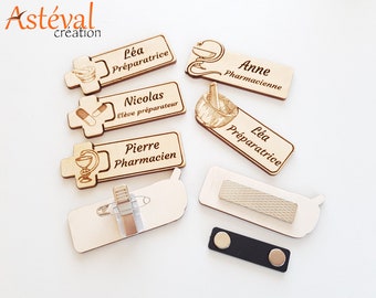 Badge en bois pharmacie personnalisé, préparatrice, élève préparateur, docteur en pharmacie, pharmacien, pharmacienne