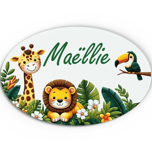 Plaque de Porte Jungle Personnalisable, bois ou plexiglas, pancarte Unique et Colorée pour Chambre d'Enfant