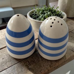 May include: A pair of ceramic salt and pepper shakers with a cream-coloured base and horizontal blue stripes. One shaker features a single hole at the top, while the other has five small holes arranged in a circular pattern for dispensing seasoning.