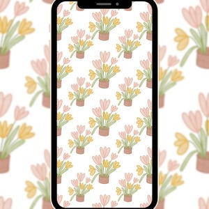 May include: A phone screen with a repeating pattern of pink and yellow flowers in pots on a white background.