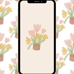 Puede incluir: Una maqueta de pantalla de teléfono con una ilustración digital de una planta en maceta con flores rosas y amarillas. El fondo es un patrón blanco de la misma flor.