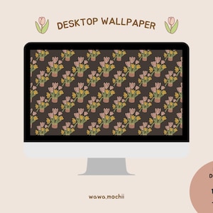 May include: A digital desktop wallpaper featuring a repeating pattern of pink and yellow tulips in brown pots on a dark brown background. The text "DESKTOP WALLPAPER" is at the top of the image. The text "wawa.mochii" is at the bottom of the image. The text "DIGITAL DOWNLOAD 1920 PX x 1080PX" is in the bottom right corner of the image.