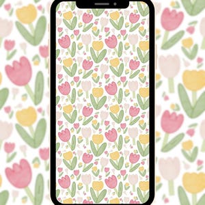 May include: A phone screen displaying a floral pattern wallpaper with pink, yellow, and green tulips on a white background.