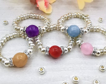 Silver stretch ring beaded gemstone ring seed bead ring stacking ring rhinestone ring