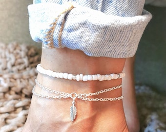 Anklet Set, Silver Chain Ankle Bracelet, Stacked Anklet, Beaded Anklet, Beach Anklet, Festival Anklet, Summer Anklet, Boho, Layered Anklet