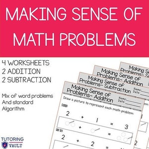 Op de afbeelding: Vier zwart-witte werkbladen om betekenis te geven aan wiskundige problemen. De werkbladen bevatten twee optel- en twee aftrekproblemen. De werkbladen hebben de titel "Zingeving aan problemen - Optellen" en "Zingeving aan problemen - Aftrekken".