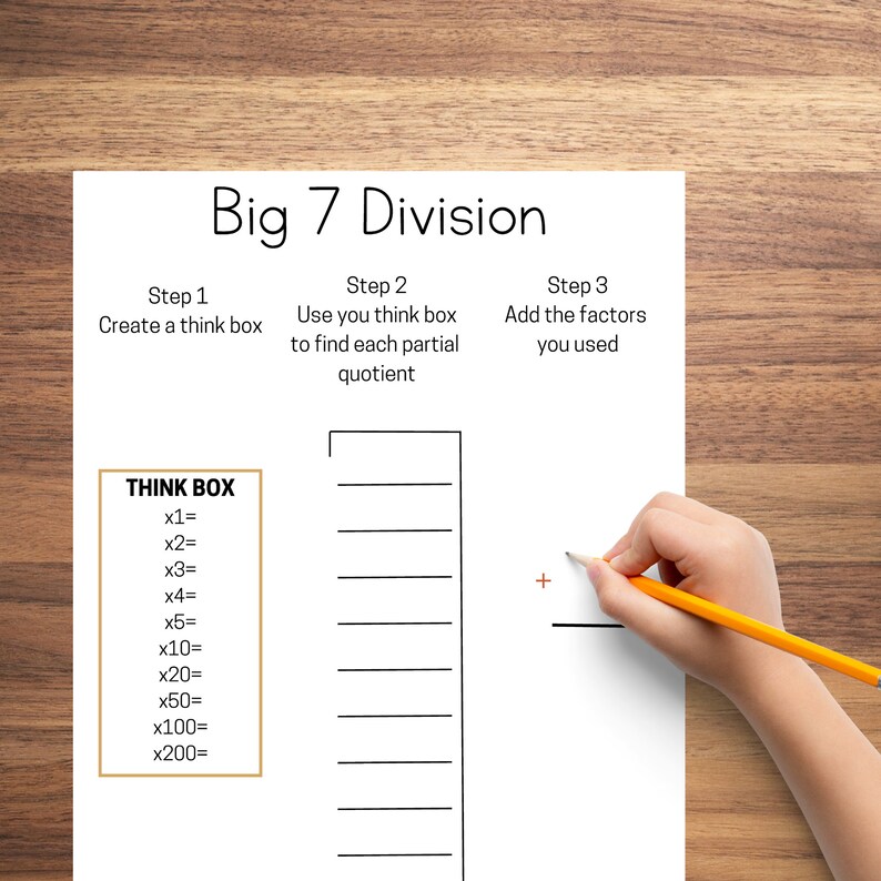 Puede incluir: Una hoja de trabajo con el t&iacute;tulo "Big 7 Division" e instrucciones para crear una caja de pensar, usar la caja de pensar para encontrar cocientes parciales y sumar los factores utilizados. La hoja de trabajo incluye una caja de pensar con m&uacute;ltiplos de 1, 2, 3, 4, 5, 10, 20, 50, 100 y 200, un espacio en blanco para la caja de pensar y un espacio en blanco para sumar los factores.