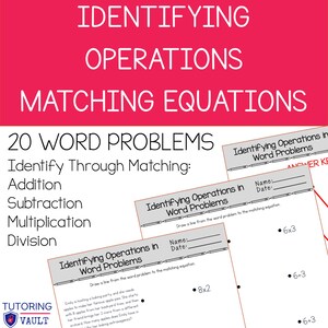 Puede incluir: Una hoja de trabajo imprimible para identificar operaciones matemáticas en problemas de palabras. La hoja de trabajo tiene el título "Identifying Operations in Word Problems" e incluye una sección para el nombre y la fecha del estudiante. La hoja de trabajo tiene una sección para 20 problemas de palabras y una sección para hacer coincidir las ecuaciones. Las ecuaciones incluyen 6 x 3, 8 x 2, 6 + 3 y 6 + 3.