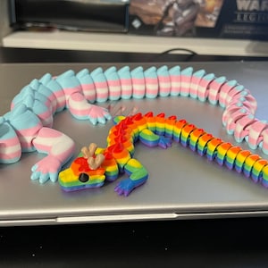 May include: Two articulated dragon figurines, one with a blue, pink, and white color scheme and the other with a rainbow color scheme.