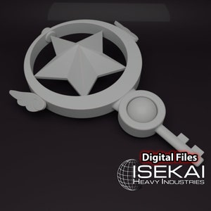 May include: A 3D-rendered, light gray key-shaped object with a star and wings design. The key has a circular handle and a keyhole-shaped end. The text "Digital Files" and "ISEKAI HEAVY INDUSTRIES" are visible.