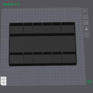 May include: A black rectangular organiser tray with multiple small compartments and a larger central section. The tray is set on a grey grid background, with the text "Basket A" in the top left corner.