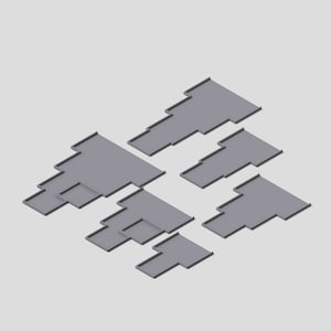 Puede incluir: Un conjunto de seis formas geométricas grises que se entrelazan. Las formas están dispuestas en un patrón escalonado, creando un diseño visualmente interesante.
