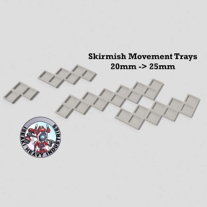 May include: Two sets of gray plastic movement trays for tabletop games. Each tray has a zig-zag pattern of squares, designed for miniatures that are 20mm to 25mm in size. The trays are labeled "Skirmish Movement Trays 20mm -> 25mm".