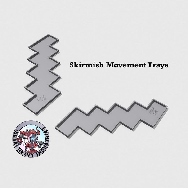 May include: Two gray plastic movement trays for use in tabletop wargames. Each tray has a zig-zag pattern with a 2-inch (5 cm) measurement printed on the side. The trays are labeled "Skirmish Movement Trays".