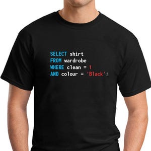 May include: Black t-shirt featuring the text: SELECT shirt FROM wardrobe WHERE clean = 1 AND colour = 'Black'; in blue and white. The shirt has a crew neck.