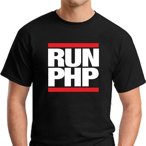 May include: Black t-shirt featuring the white text "RUN PHP" within a red-lined rectangle. The t-shirt has a crew neck design and short sleeves.