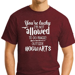May include: A maroon t-shirt with a white graphic that reads "You're lucky I'm not allowed to do magic outside Hogwarts".