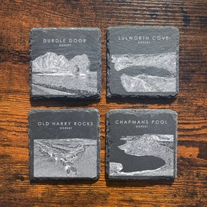 Dorset Set of 4 Slate Coasters, Lulworth Cove, Durdle Door, Old Harry Rocks, Chapmans Pool