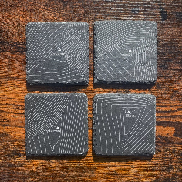 Brecon Beacons Slate Contour Coaster Set - Pen y Fan, Cribyn, Fan y Big, Corn Du