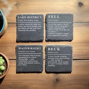 Lake District Definitions Set of 4 Coaster – Slate Coasters for Hikers & Walkers | Funny Outdoor Gift | Laser-Etched Adventure Decor