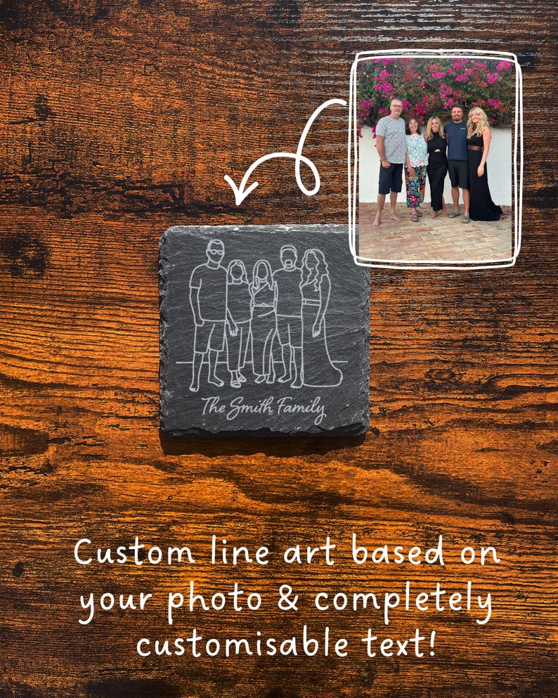 Custom Family Portrait Line Art - Personalised Slate Coaster - Custom ...