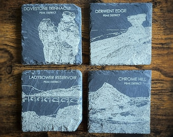 Peak District Slate Coaster Set - Ladybower, Chrome Hill, Dovestone, Derwent Edge