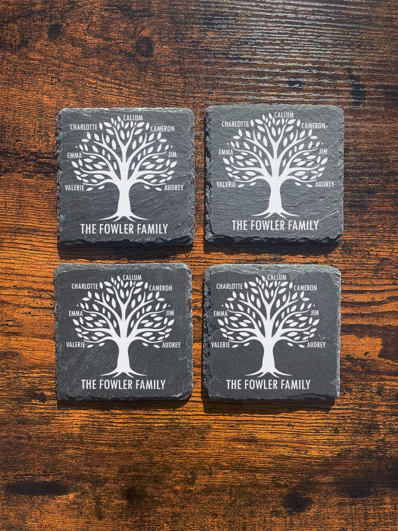 Personalised Family Tree Slate Coaster - Custom Text - Family Gift ...