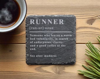 Runner - Leaves A Warm Bed Behind Definition Funny Slate Coaster – Gift for Runners | Humorous Running Present | Fitness Lovers