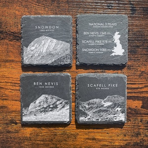 National 3 peaks Slate Sketch set - 4 coasters - Ben Nevis / Snowdon / Scafell Pike / National Three Peaks