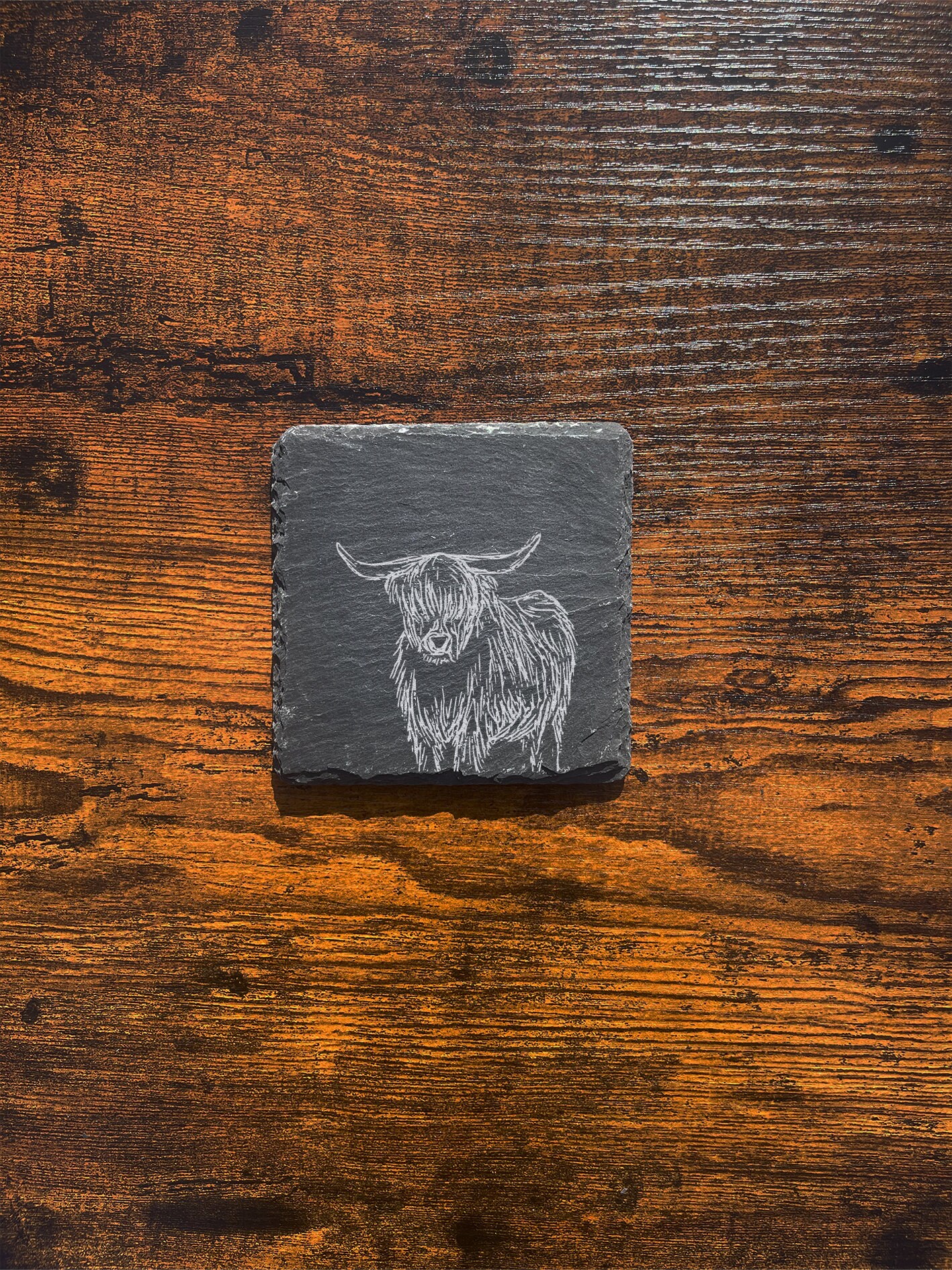 Posavasos Pizarra Rústica Cuadrada Highland Cow – Elige Entre 9 Diseños Únicos