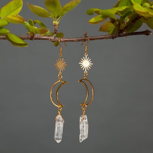 Sun and Moon Earrings, Celestial Jewelry, Gold Crystal Statement Earrings, Gift for Her