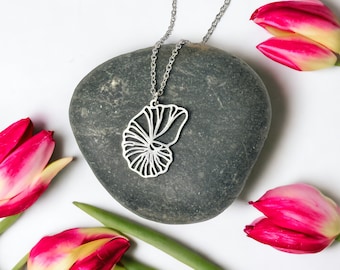 Silver Shell Necklace, Ammonite Fossil Pendant, Beach Jewelry, Stainless Steel, Summer Jewelry, Handmade Gift