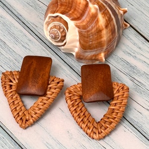 Wood and Rattan Earrings, Beach Jewelry, Boho Accessories, Triangle Earring image 3