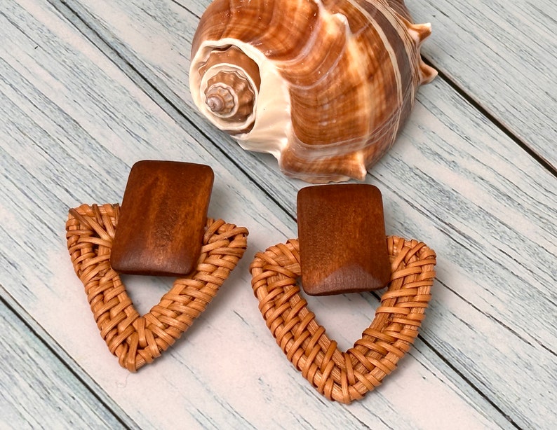 Wood and Rattan Earrings, Beach Jewelry, Boho Accessories, Triangle Earring image 3