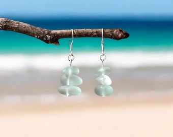 Aqua Sea Glass Earrings, Sterling Silver, Coastal Jewelry