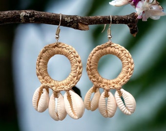 Macrame Cowrie Shell Earrings, Beige Woven Boho Hoops