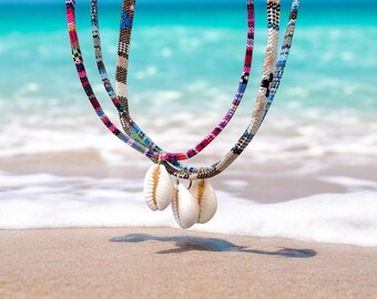 Surfer Girl Choker, Beach Jewelry, Cowrie Shell Pendant, Summer Necklace