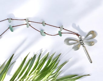 Dragonfly Pendant Necklace, Sea Glass Necklace, Beach Jewelry, Adjustable, Gift for Her