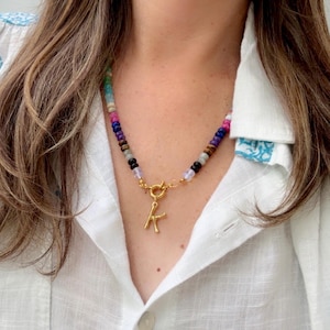 Rainbow Gemstone Necklace, Colourful Rondelle Beads, Boho Jewelry, Handmade Gift, Choose Your Charm, Initial Necklace, Seashells, Sea Glass