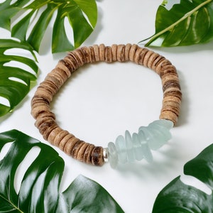 Sea Glass Bracelet, Wooden Coconut Beads, Beach Accessories, Handmade Summer Jewelry, Unique Gift for Her, Boho Style