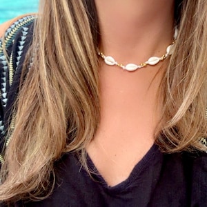 Handmade Cowrie Shell Choker: Adjustable Beach Necklace, Gold or Silver Beads