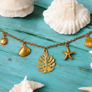 Gold Charm Necklace, Beach Jewelry, Surfer Girl, Ocean Themed Necklace, Waterproof Jewelry, Handmade Gift for Her, Coastal Style, Starfish