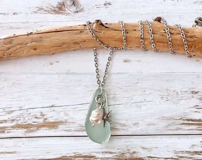 Sea Glass Necklace, Beach Necklace, Beach Jewelry, Stainless Steel