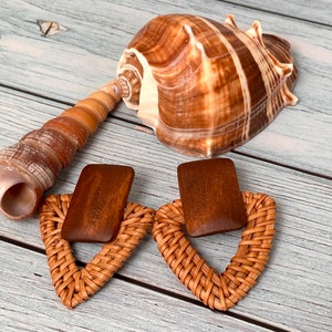 Wood and Rattan Earrings, Beach Jewelry, Boho Accessories, Triangle Earring image 7