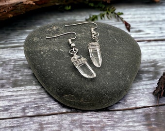 Crystal Point Earrings, Raw Quartz, Wire Wrapped Jewelry, Handmade Gift For Her, Silver and Gold
